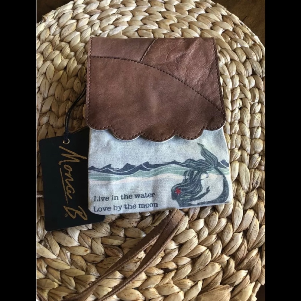Mona B Recycled Canvas Mermazing Wisdom Crossbody Handbag Genuine Leather